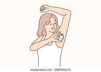Woman raising hand using deodorant during morning hygiene routine to avoid sweat and odor. Young girl takes care of skin and applies deodorant or antiperspirant to get rid of sweating svg