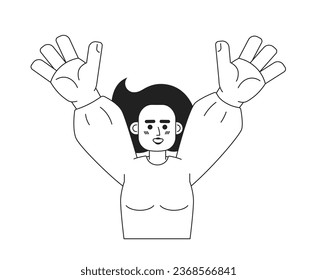 Woman raising hands monochromatic flat vector character. Cheerful pretty asian girl. Happy person. Editable thin line half body person on white. Simple bw cartoon spot image for web graphic design