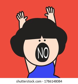Woman Raising Hands Up With Word No Inside Her Opened Mouth. Character illustration Concept for Card
