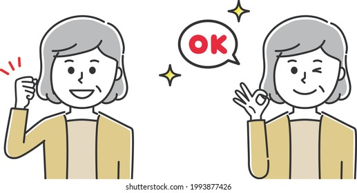 A woman raising her fist and making an OK sign. Vector illustration isolated on white background.