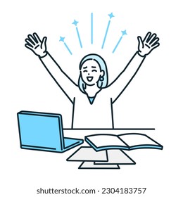 Woman raising her hand. Clip art of businesswoman happy to achieve her goal.