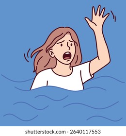 a woman raising her hand in panic while partially submerged in water, representing a drowning emergency or urgent need for rescue