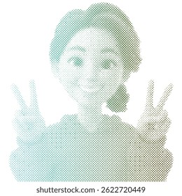 A woman raising her hand in a peace sign with halftone retro modern cartoon