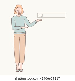 woman raising her hand and showing or presenting something while standing and smiling. woman pointing at Searching Browsing Internet Data Information 