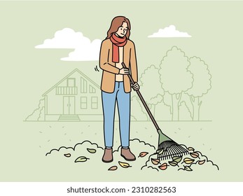 Woman with rake gathering leaves in street in autumn. Female in outerwear sweeping fallen leaves in fall. Vector illustration. 