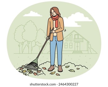 Woman with rake gathering leaves in street in autumn. Female in outerwear sweeping fallen leaves in fall. Vector illustration.