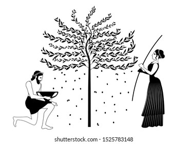 Woman Raking An Olive Tree And Man Picking Olives. Ancient Greece Style