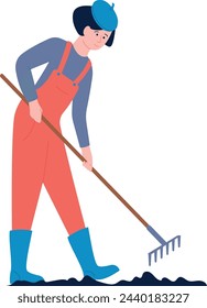 Woman raking soil. Gardening ground. Farm character