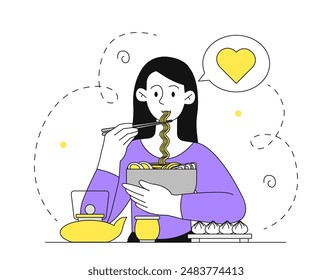 Woman with ramen. Young girl eats traditional Korean food. Person with noodles in bowl. Takeaway eating and fast food. Asian cafe or restaurant menu. Linear flat vector illustration