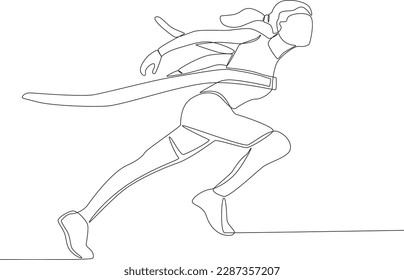 A woman ran at full speed through the finish line. Finish line one-line drawing