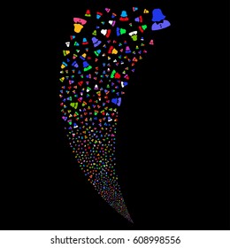 Woman random fireworks stream. Vector illustration style is flat bright multicolored iconic symbols on a black background. Object fountain organized from scattered symbols.