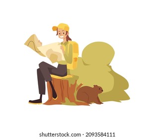 Woman ranger in uniform protects environment. Smiling forest police officer sits on tree stump in national park, examines map. Girl scout in flat vector illustration isolated on white background
