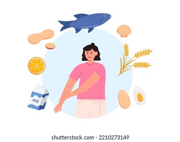 Woman with a rash itches, allergens around. Flat vector illustration