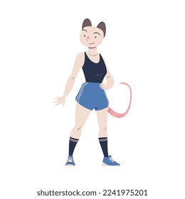 Woman Rat Character with Animal Head Standing Wearing Tank Top and Shorts Vector Illustration