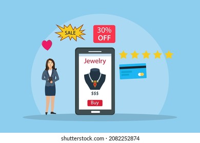 Woman rates online shop jewelry for 5 stars vector illustration flat design