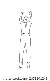 woman reaches up with both hands - one line art vector. concept of getting something from a shelf or catching a falling object