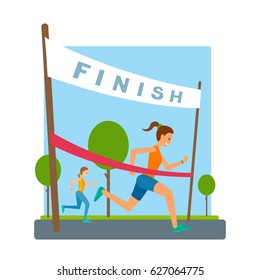 Woman Reaches Finish, Red Ribbon, Tape In Marathon. Poster Of Finishing The Line. Girls Run The Race On The Background With Sky And Trees. Vector Cartoon Illustration.