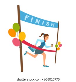 Woman reaches finish, red ribbon, tape in marathon. Poster of finishing the line. Vector cartoon. Girl in office suits, work clothes running with suitcase and coffee. Businesswoman reaches the goal.