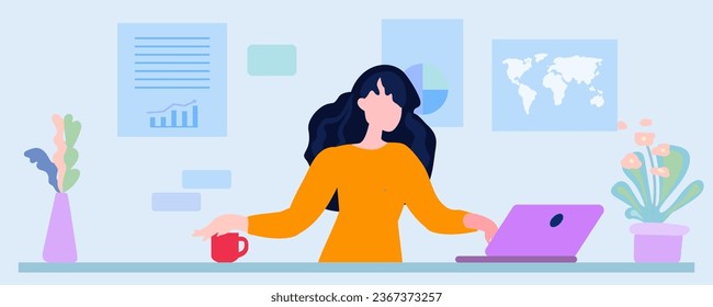 A woman reaches her hand to a cup, a laptop, remote work. A girl works at a computer in her home office. Schedule, board, workplace. Remote work concept. Hand drawn, Not AI. Vector illustration