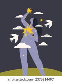 A woman reaches out to a shining star in the dark sky and embraces the light. Mental health. Positivity and optimism.