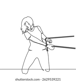 woman reaching away from ropes tied around his wrist - one line art vector. concept trapped, prisoner, unable to escape. Handmade vector not AI