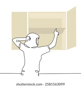 woman reaching for empty shelf and scratching head - one line art vector. concept empty shelves, out of stock. Handmade vector not AI