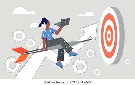 Woman reaching her goal. Hardworking employee or entrepreneur, leadership and motivation, target. Company development, start up. Innovation and revenue growth. Cartoon flat vector illustration