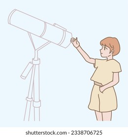 Die Frau reichte ihre Hand aus. Astronomin startet mit astronomischem Teleskop. Handgezeichneter, flacher Cartoon-Charakter, Vektorgrafik.