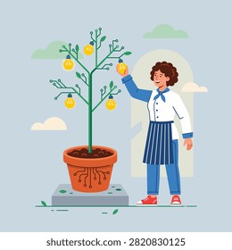 Woman reaching to touch a glowing lightbulb on a digital tree with circuit pattern branches growing in a pot