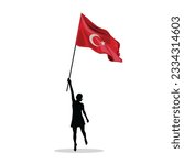 A woman reaching up with Turkish Flag. Stretching up silhouette , vector and illustration. Female silhouette with Turkish Flag. Woman silhouette with Turkish Flag. Turkish, Turkey. Happy National day.
