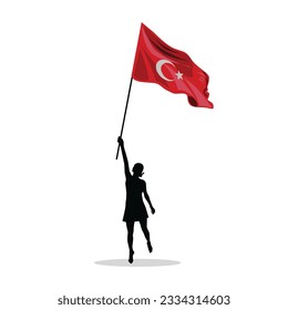 A woman reaching up with Turkish Flag. Stretching up silhouette , vector and illustration. Female silhouette with Turkish Flag. Woman silhouette with Turkish Flag. Turkish, Turkey. Happy National day.