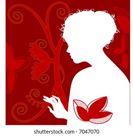 woman reaching/touching silhouette with foliage