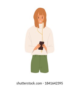 Woman read bad news on the cellphone. Female character emotion after listening disappointing message. Stressed teenager holding phone. Vector illustration in flat cartoon style