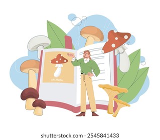 Woman read book about mushrooms. Young girl near huge textbook. Education, learning and training. Harvest and crop. Fungus and agaricus. Flat vector illustration isolated on white background