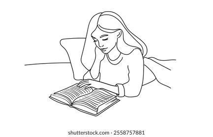 Woman read book in bed continuous line art drawing isolated on white background. Vector illustration