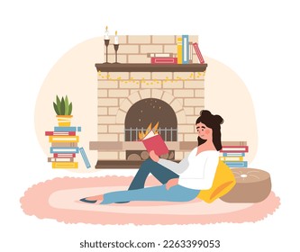 La mujer leía un libro con chimenea. Niña joven se encuentra en un cómodo y acogedor apartamento en invierno. Descanse después del trabajo, hobby y ocio, amor por la literatura, tiempo frío. Dibujo vectorial plano de dibujos animados