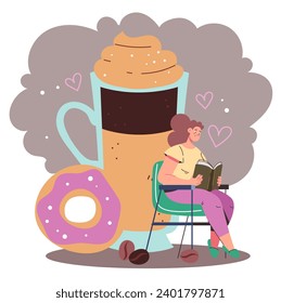 Woman read book with coffee and bakery donut concept. Vector flat graphic design illustration