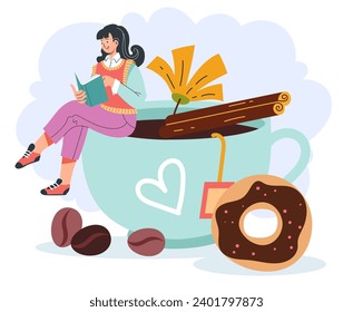 Woman read book with coffee and bakery donut concept. Vector flat graphic design illustration