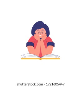 Woman read a book.  Concept of online reading or library, e book, book club, online education. Vector  illustration for banner, flyer, ad. 