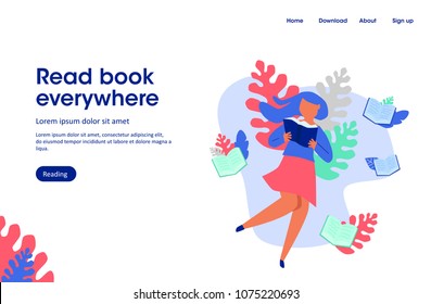 woman read book,  read book everywhere, landing page illustration