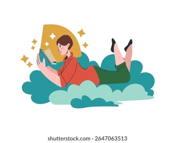 A mulher leu o livro. Garota feliz deitada na nuvem. Imaginação de caráter inteligente, literatura de inspiração. Símbolo de educação escolar e conhecimento universitário. Ilustração isolada de estilo plano de desenhos animados vetoriais