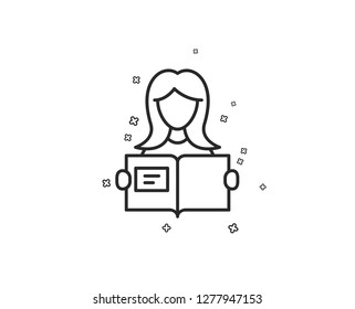Woman read a Book line icon. Education symbol. Instruction or E-learning sign. Geometric shapes. Random cross elements. Linear Woman read icon design. Vector