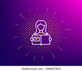 Woman read a Book line icon. Halftone pattern. Education symbol. Instruction or E-learning sign. Gradient background. Woman read line icon. Yellow halftone pattern. Vector