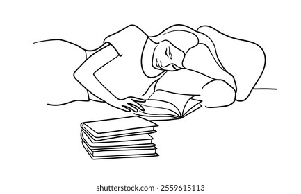 Woman read book on bed continuous line art drawing isolated on white background. Vector illustration