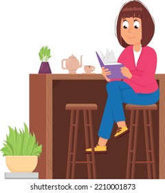 Woman read book on breakfast. Cartoon person leisure time