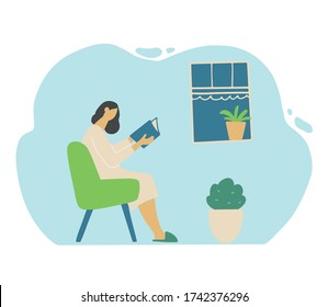 Woman read book on the home quarantine. Stay home, social distance, postive rest, book reading, coronavirus protect concept design. Flat design cartoon woman. Vector illustration.
