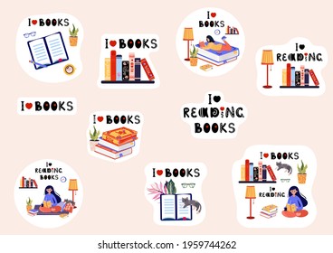 Woman read book. Set of Stickers with reading quote. Routine activity home. Pile of books. I love books text. School collection for fan of literature.