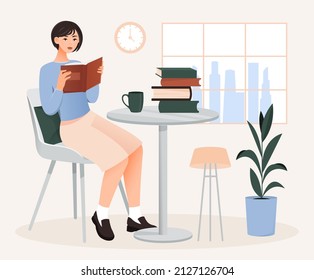 Woman Read Book. Young Girl Sitting At Table, Employee In Office, Break And Useful Hobbies. Education And Self Development, Advanced Training. Comfort And Cozy Room. Cartoon Flat Vector Illustration