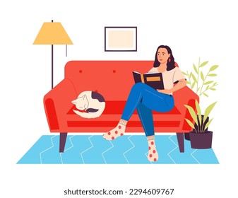 Woman read books sitting on sofa with cat. Vector of home and sofa with cat, person illustration girl, young female read lifestyle and relax