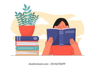 Mujer leía libros. Chica joven con libro de texto y ficción. Amor por la lectura y la literatura. Estudiante que se prepara para un examen o examen. Educación y formación, aprendizaje. Ilustración vectorial plana